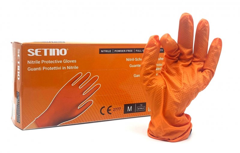 Jednorázové ochranné nitrilové ruk. SETINO FULLGRIP - oranž., PF/TXT, (50ks/bal)