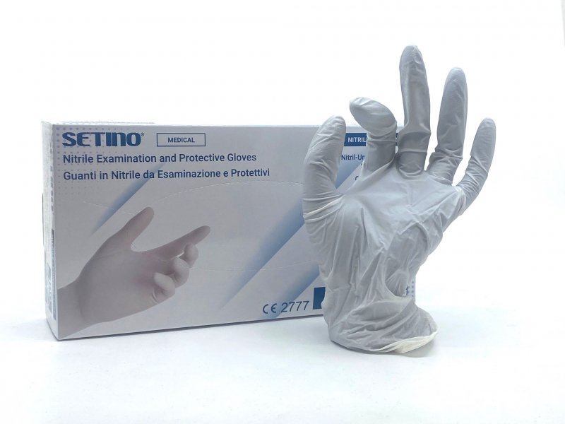 Jednorázové ochranné nitrilové rukavice SETINO - bílé, PF/TXT (100ks/bal)