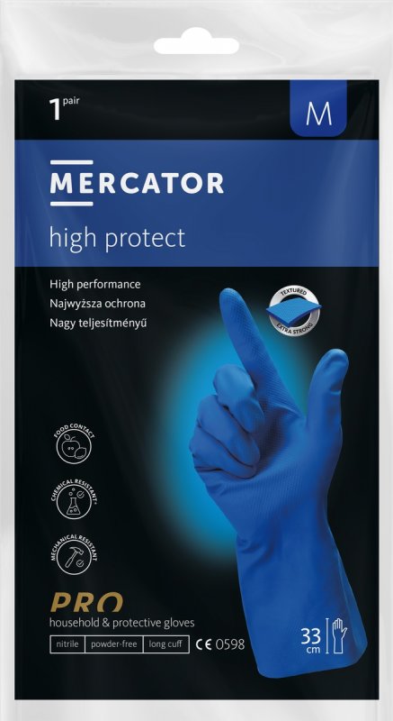 Chemicky odolné ochranné nitrilové rukavice MERCATOR® high protect, 1 pár/sáček)